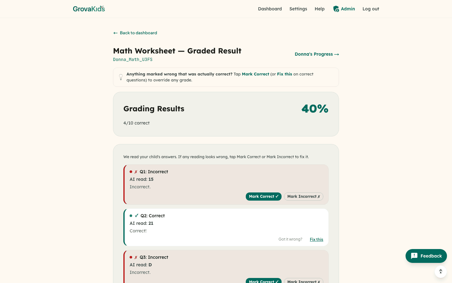 Graded worksheet results in the GrovaKids app